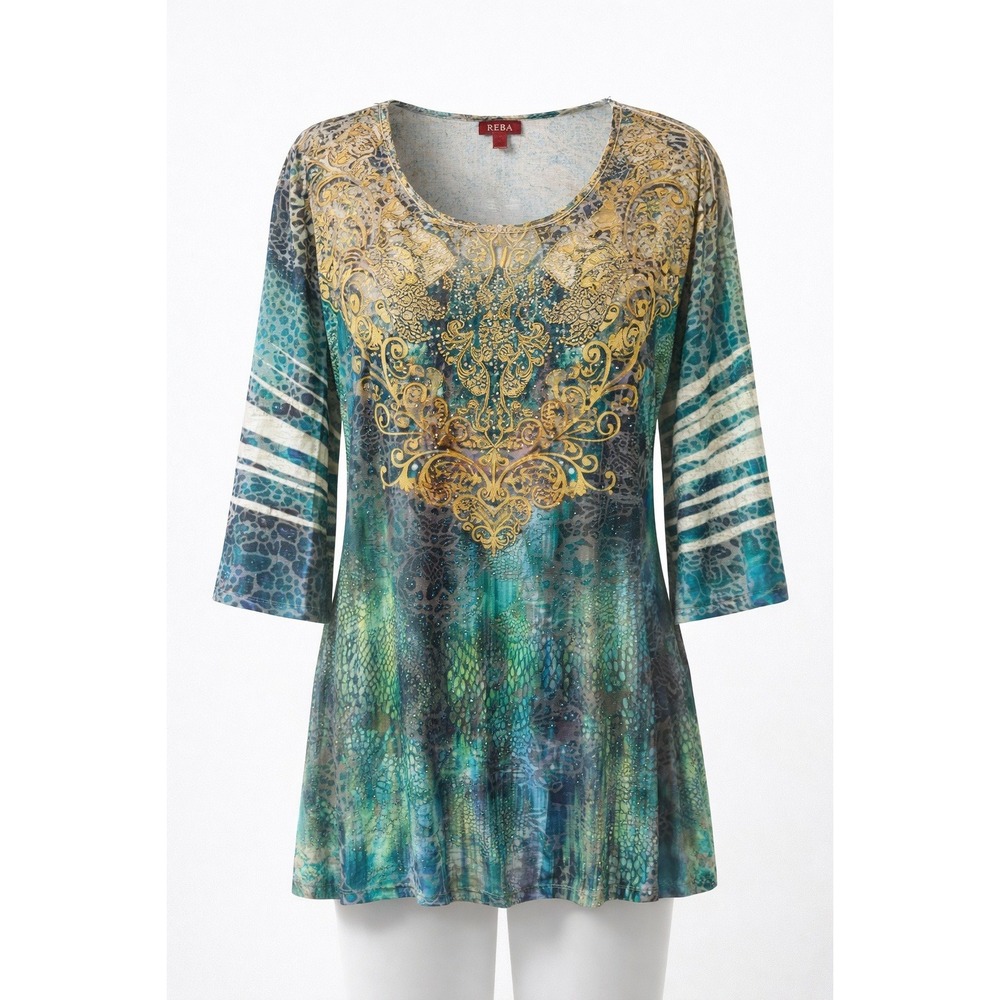 Reba McEntire Embellished Tunic Top Western Glam Teal Gold Rhinestone Sleeve
